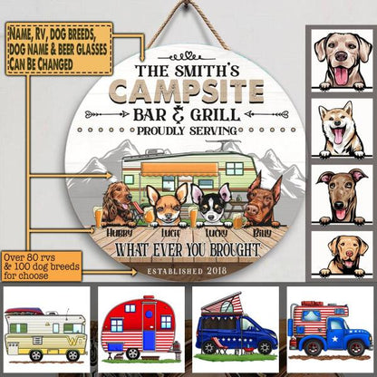 Campsite Bar And Grill - Round Wooden Door Sign