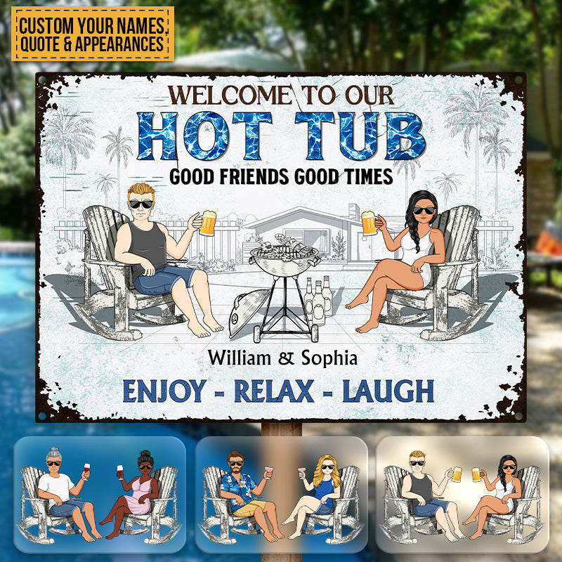 Poolside Grilling Listen To The Good Music Couple Husband Wife Pride - Backyard Sign - Personalized Custom Classic Metal Signs